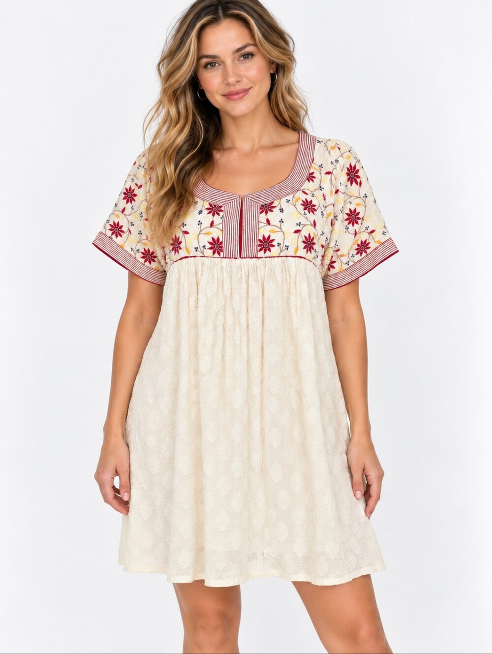 Payal Jain Dress Womens L Embroidered Floral 100% Cotton Boho India Cream
